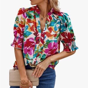 Colorful Floral Blouse Smocked Sleeve V Neck Boho Top Boutique XL